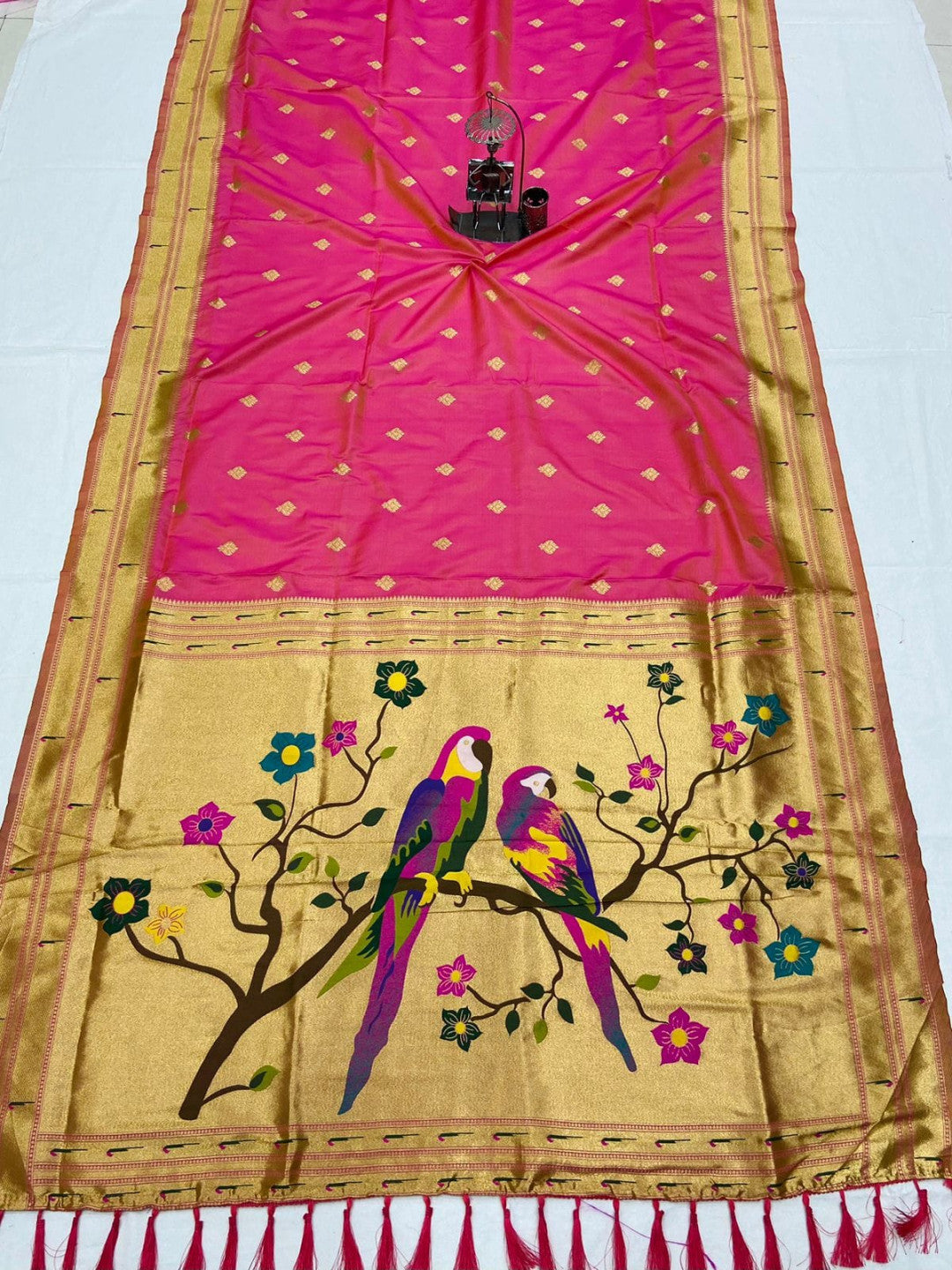Peach color paithani silk saree with zari weaving work