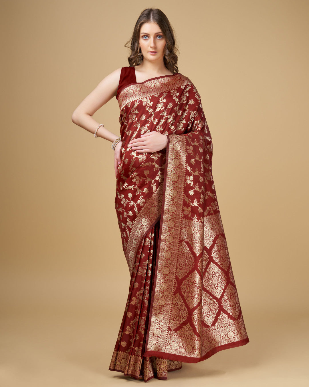 Maroon color pure silk saree with zari weaving work