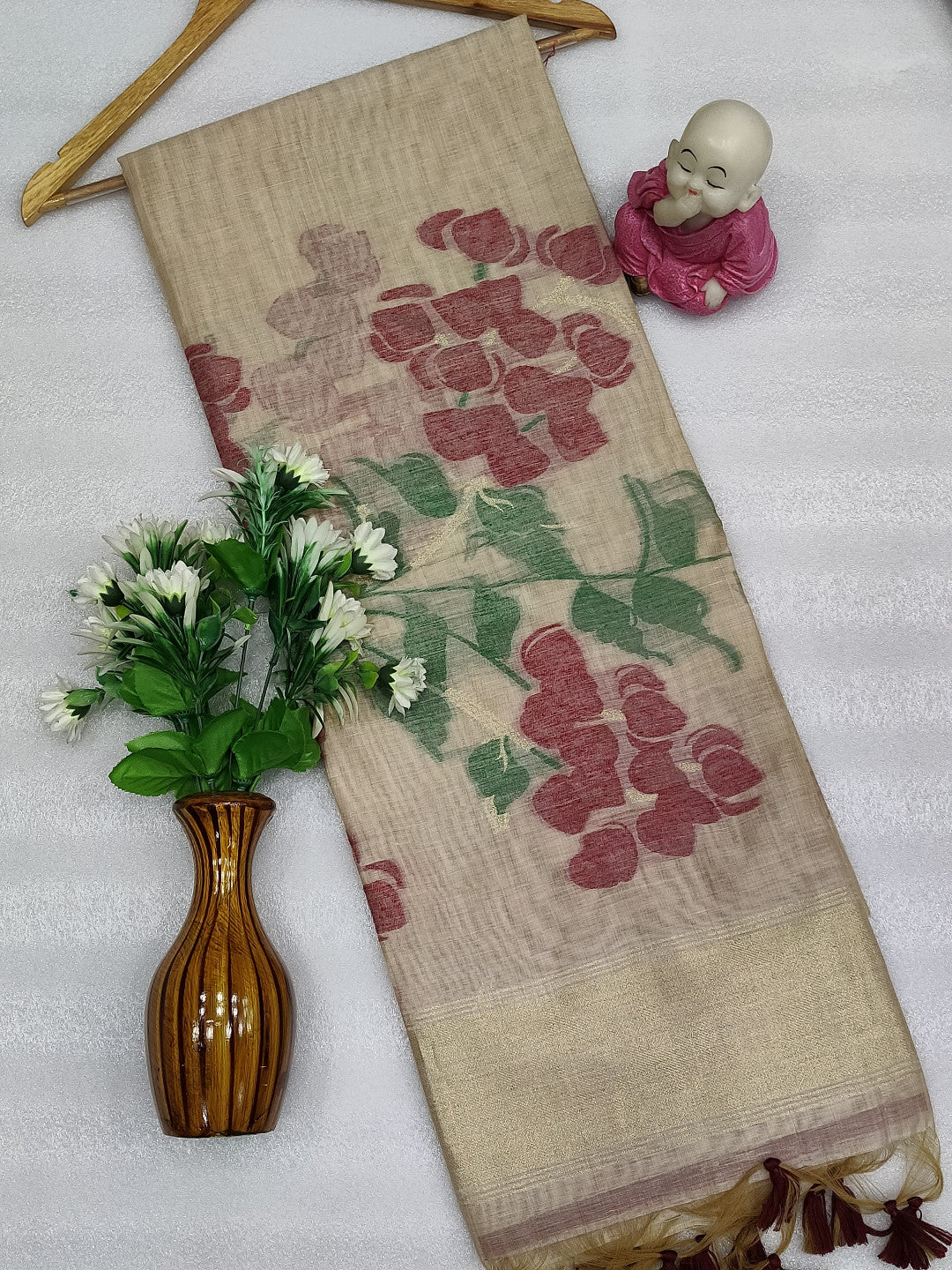 Cream muga cotton saree with jamdani weaving work