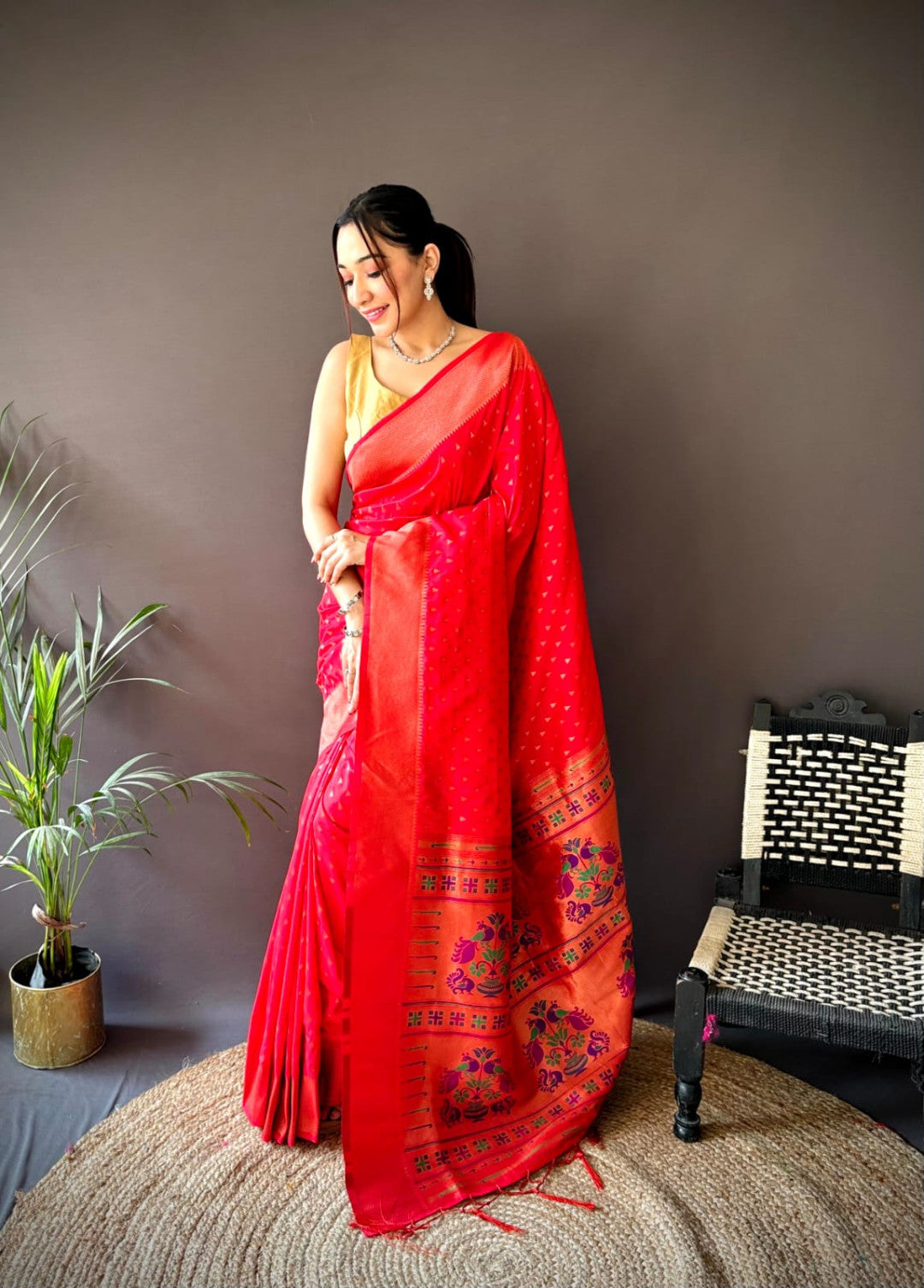 Pink paithani silk saree with zari weaving work