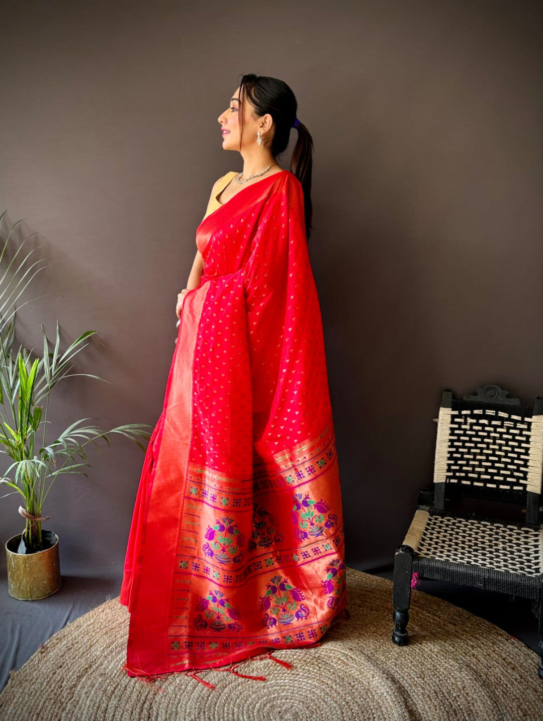 Pink paithani silk saree with zari weaving work