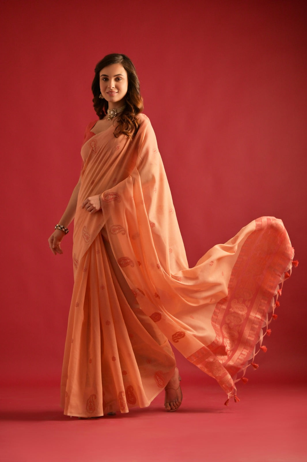 Orange Pure mul cotton saree with resham weaving work