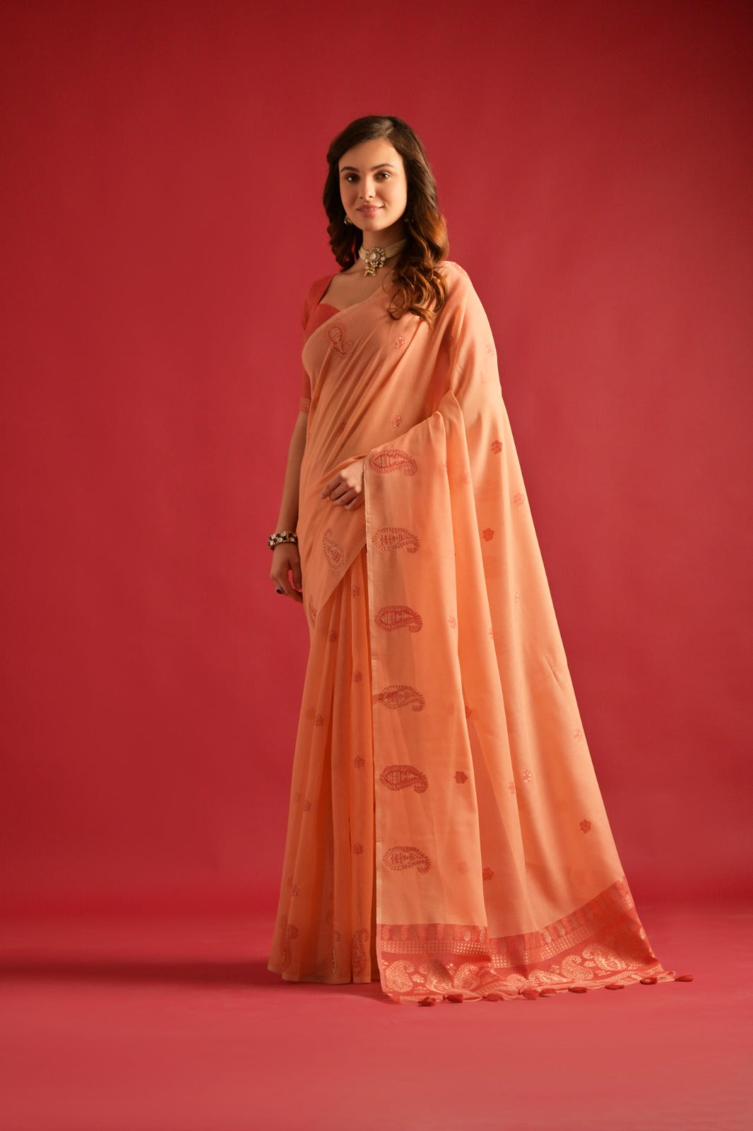 Orange Pure mul cotton saree with resham weaving work