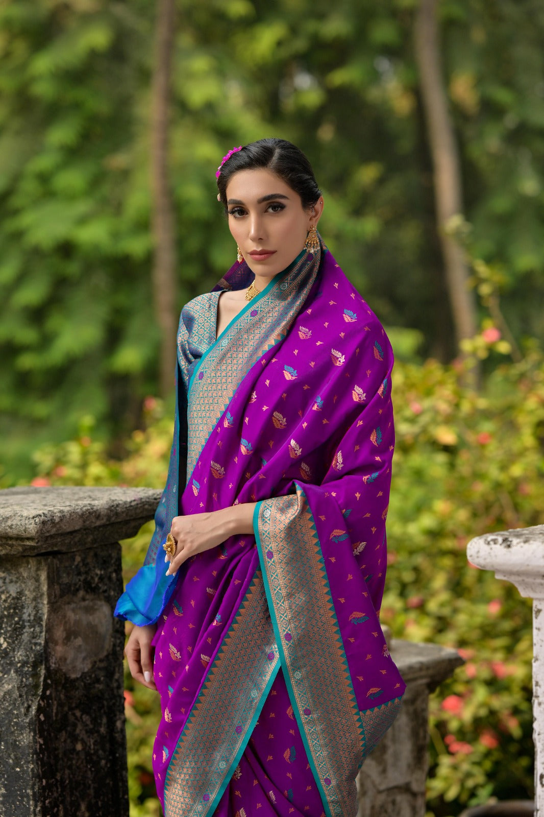 Magenta banarasi silk saree with copper zari weaving work