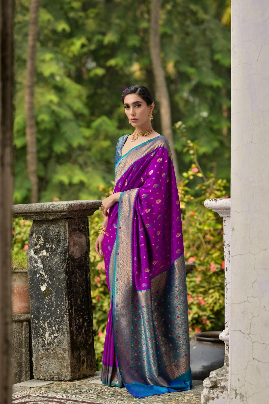 Magenta banarasi silk saree with copper zari weaving work