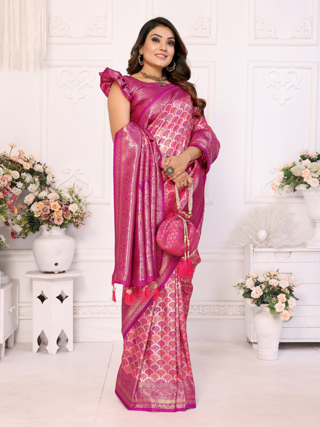 Pink banarasi chaturi silk saree with zari weaving work