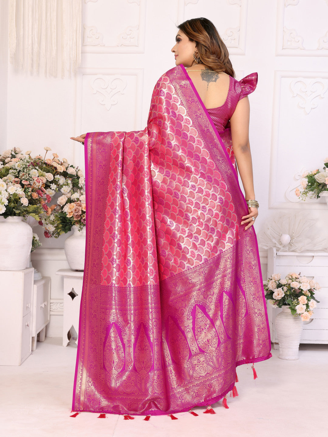 Pink banarasi chaturi silk saree with zari weaving work