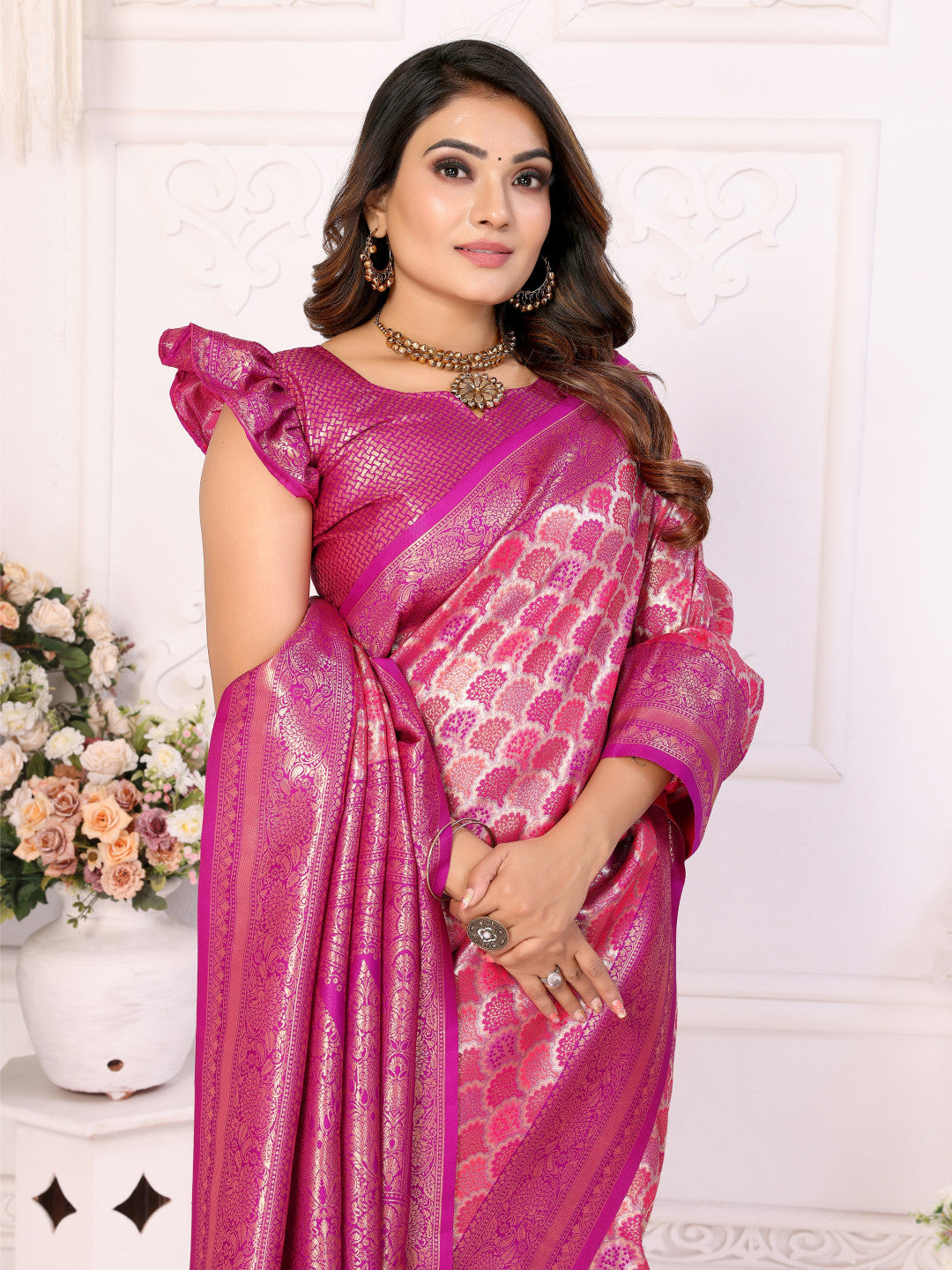 Pink banarasi chaturi silk saree with zari weaving work
