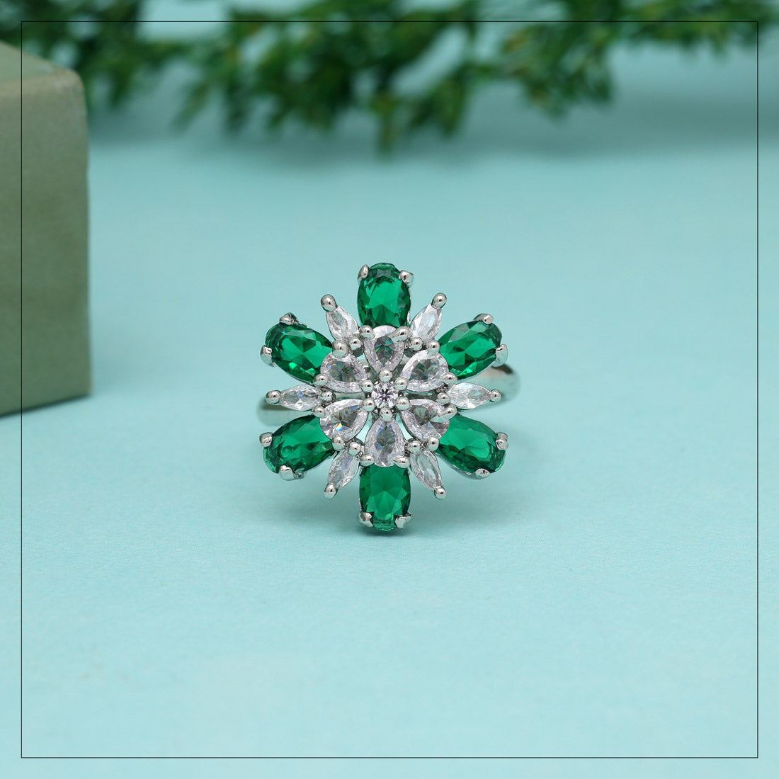Green Color American Diamond Finger Ring