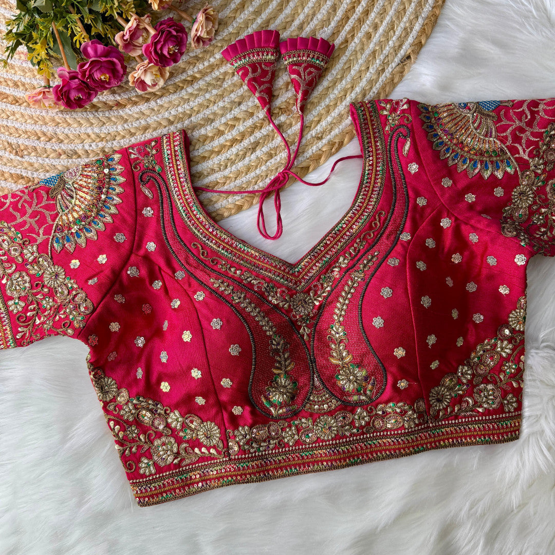 Rani pink heavy Italian silk readymade blouse with embroidery and sequence work