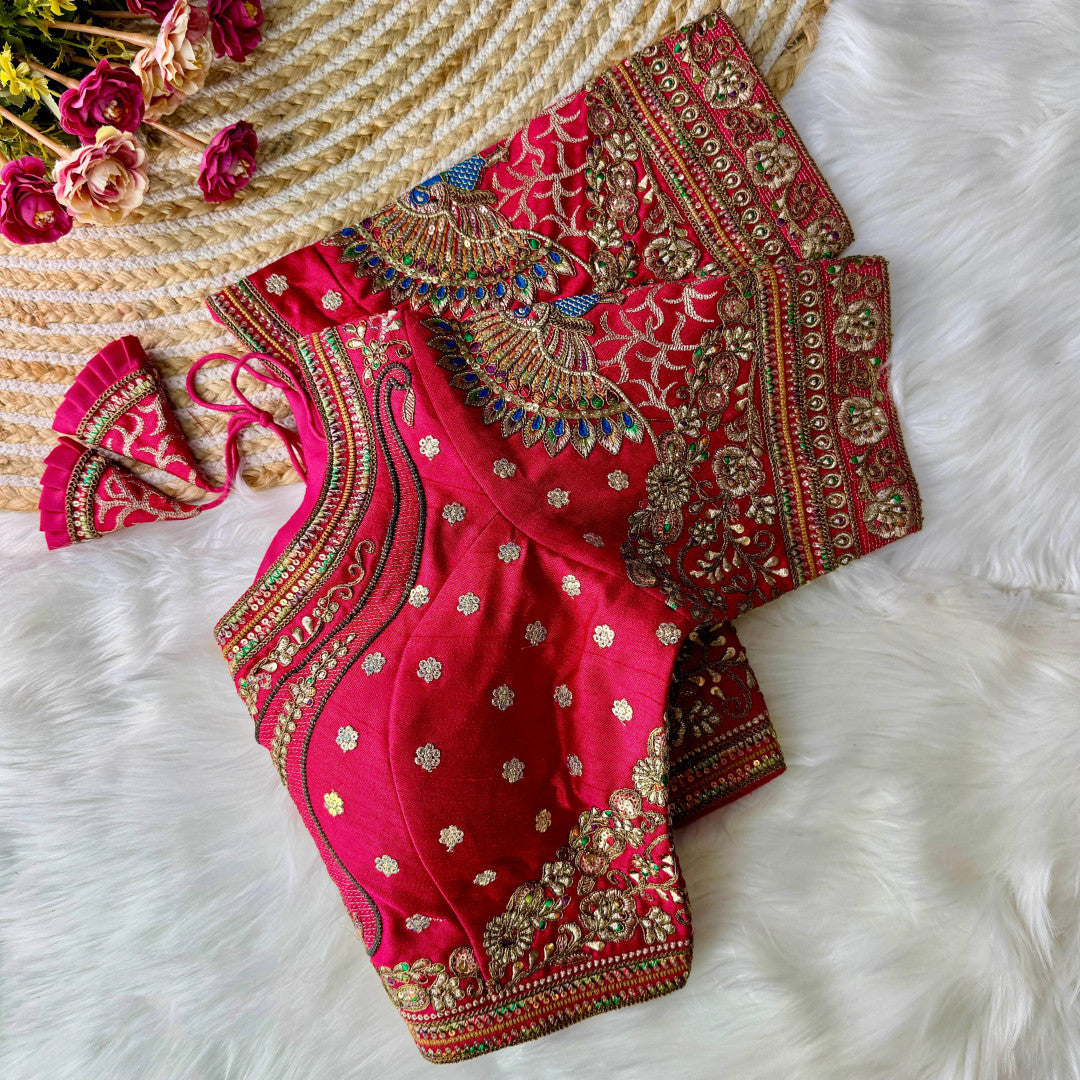 Rani pink heavy Italian silk readymade blouse with embroidery and sequence work