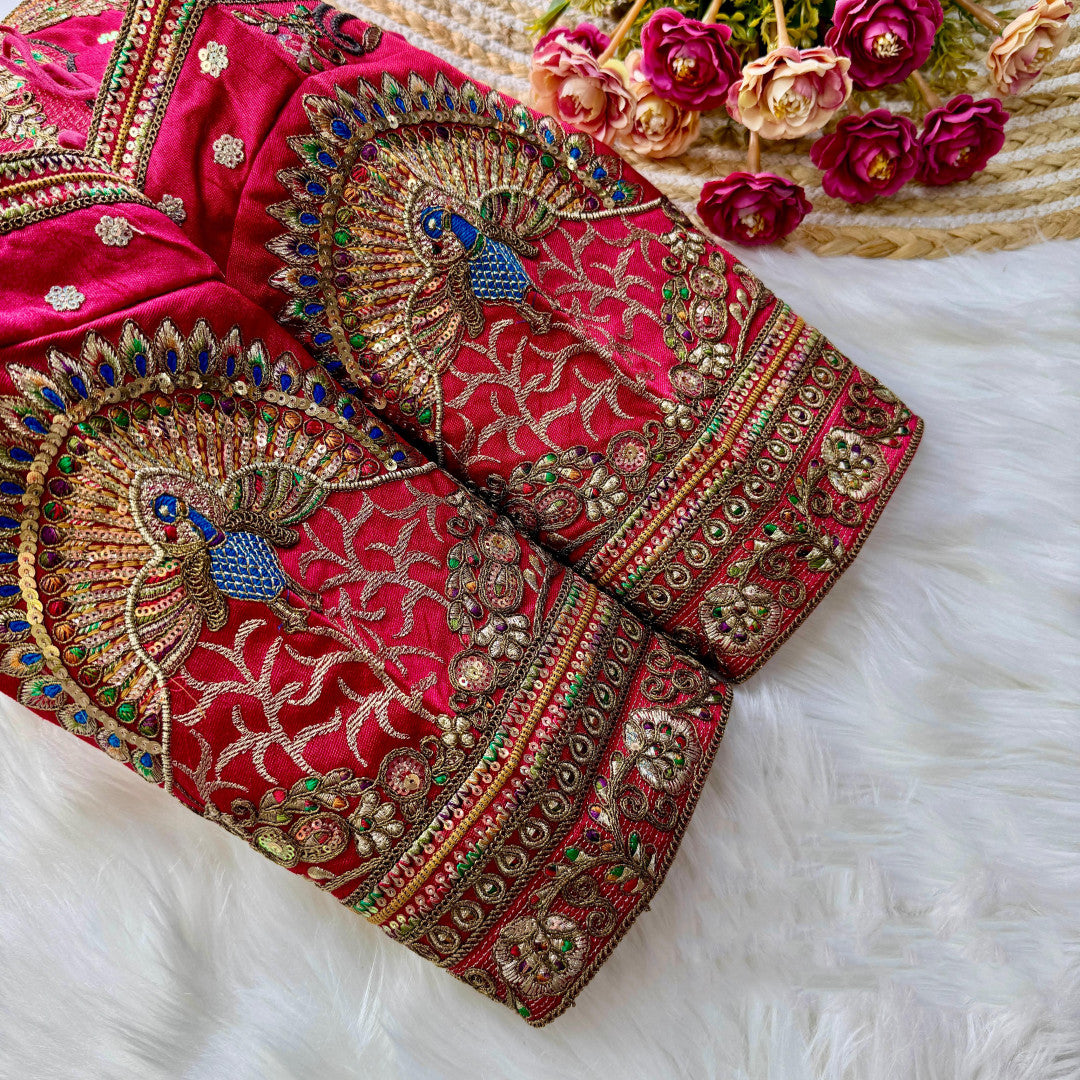 Rani pink heavy Italian silk readymade blouse with embroidery and sequence work