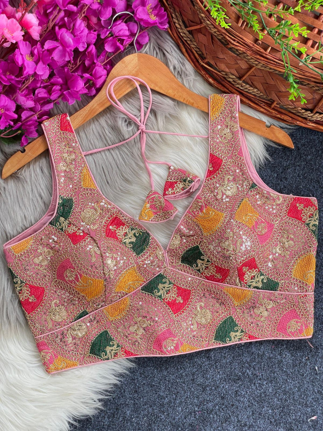 Baby pink fox georgette readymade blouse with embroidery and sequance work