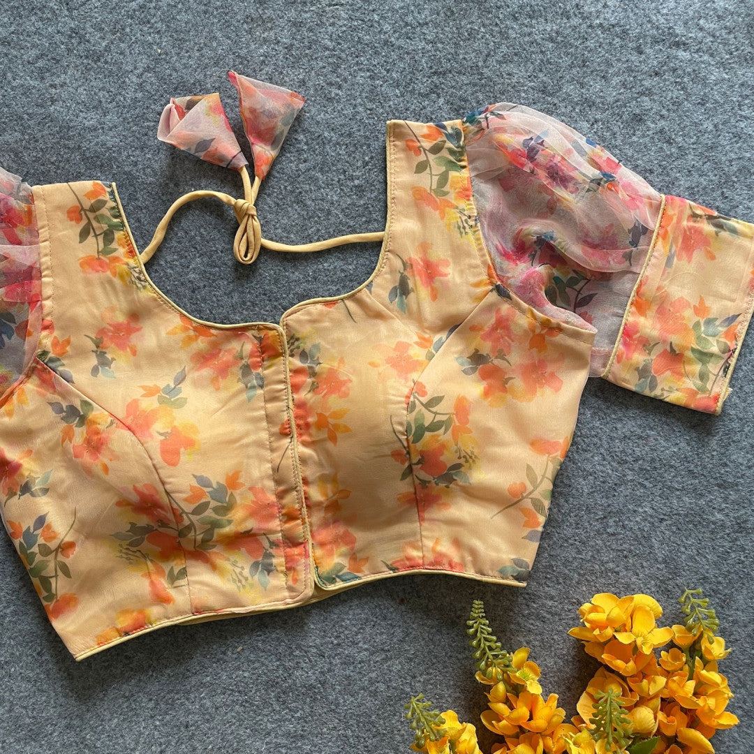 Yellow fancy organza silk readymade blouse with floral printed work