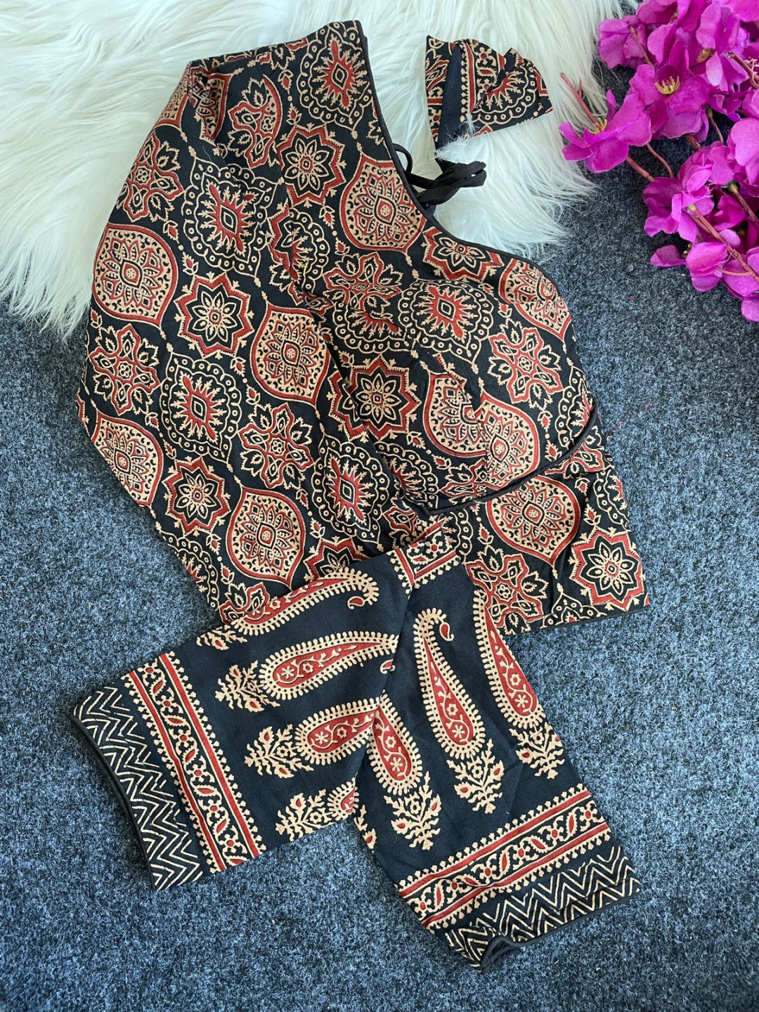 Black ajrakh printed cotton readymade blouse