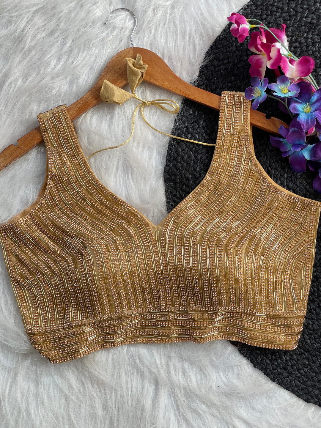 Beige handcrafted moti and pipe hand work readymade blouse