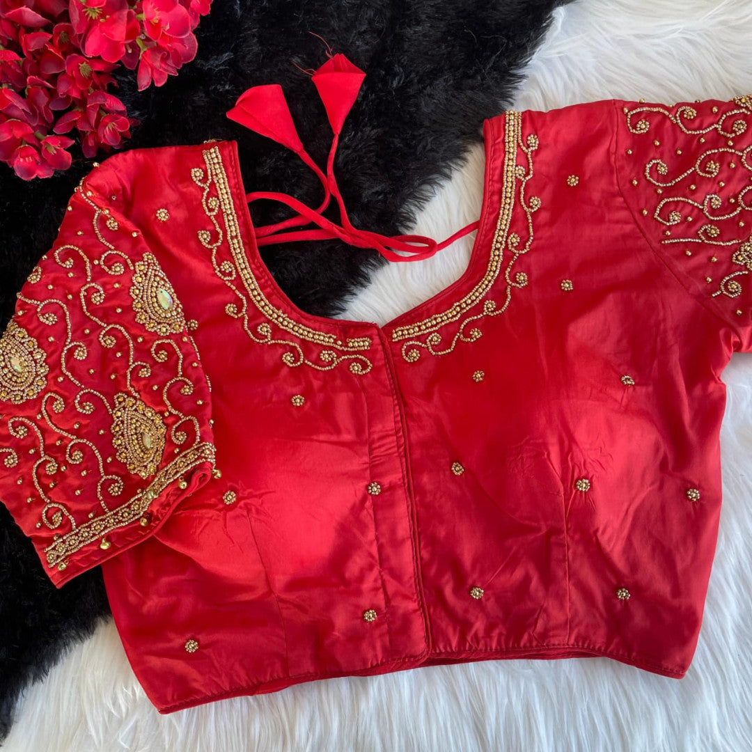 Red pure pattu silk readymade blouse with hand work