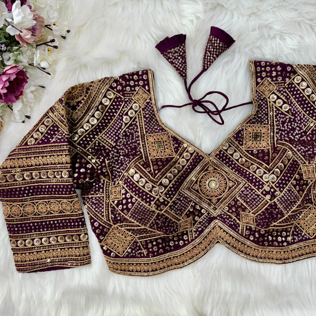 Wine heavy embroidery and sequence fox georgette readymade blouse