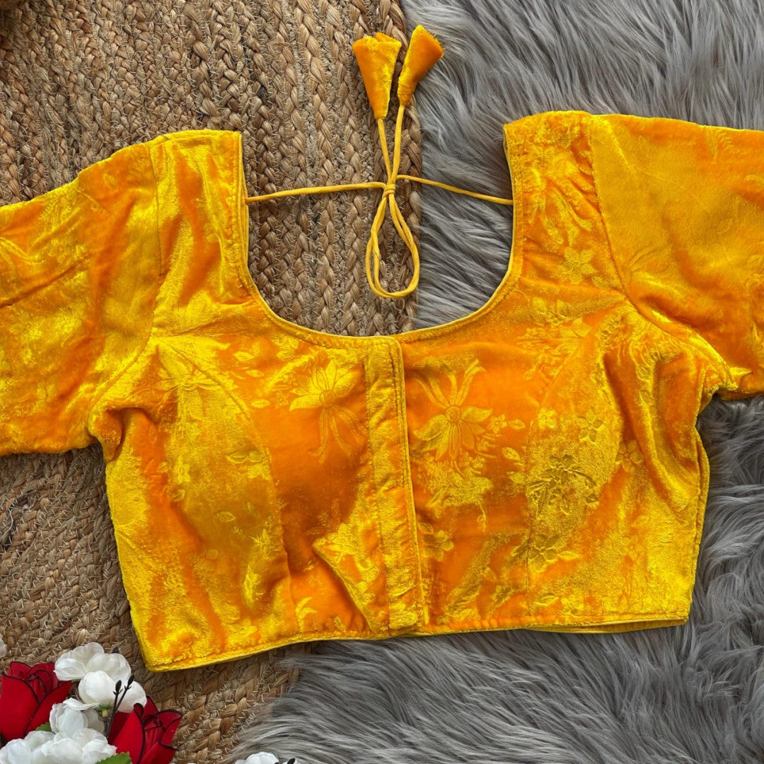 Yellow velvet readymade fancy blouse with emboss flower work