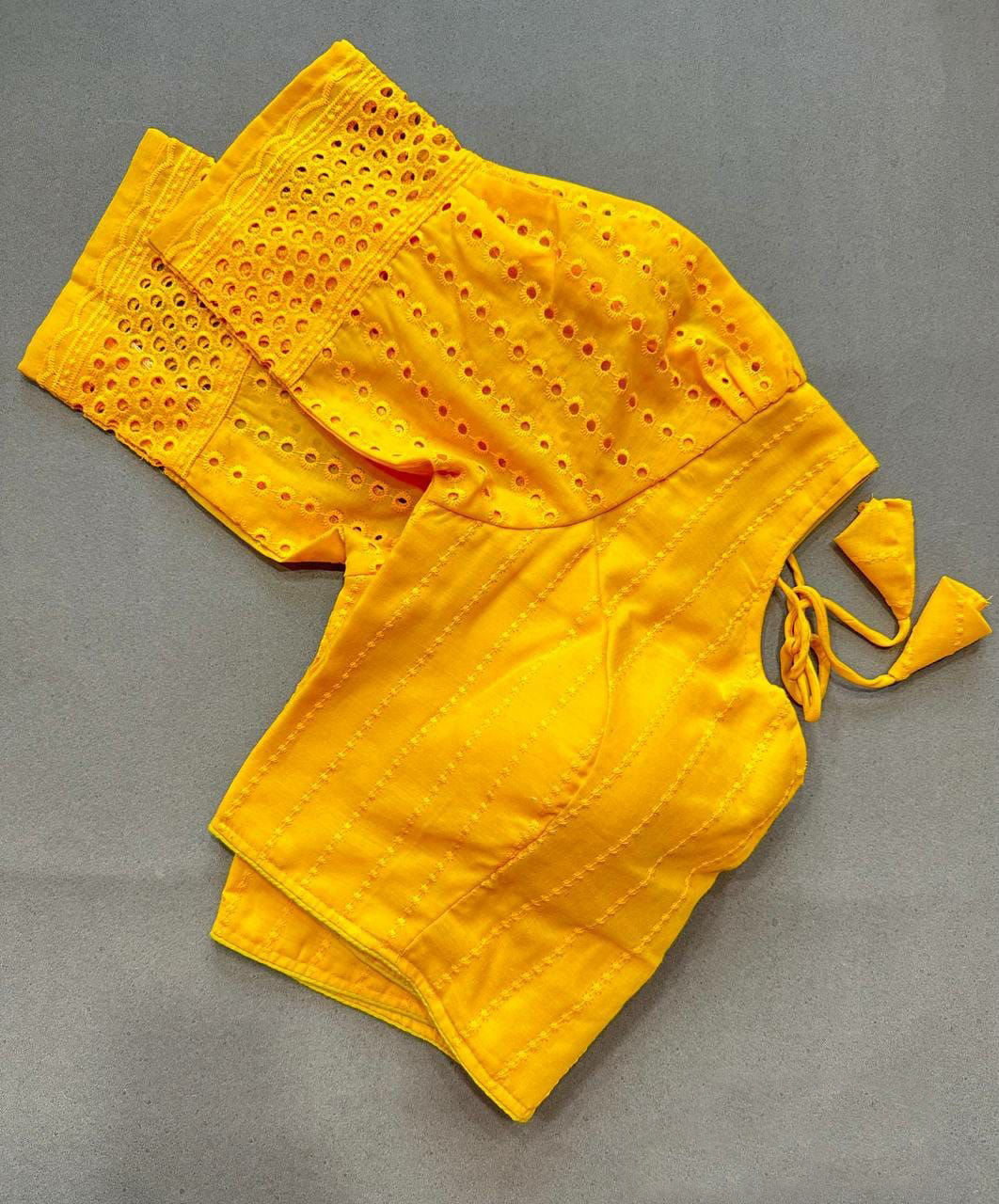 Yellow hakoba cotton jaipuri goli readymade blouse with chikankari work