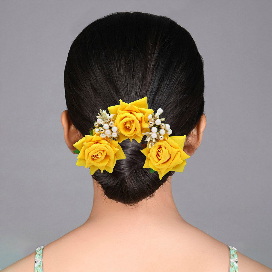 Yellow Color Rose Flower Gajra For Women Hair Pin
