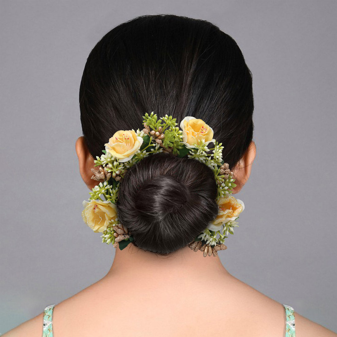 Yellow Color Rose Flower Gajra For Women Hair Pin