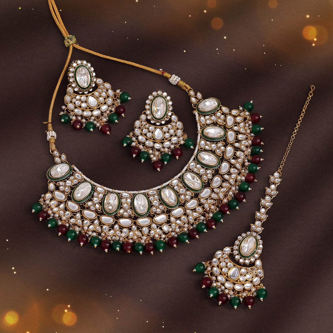 Maroon & Green Color Kundan Necklace Set