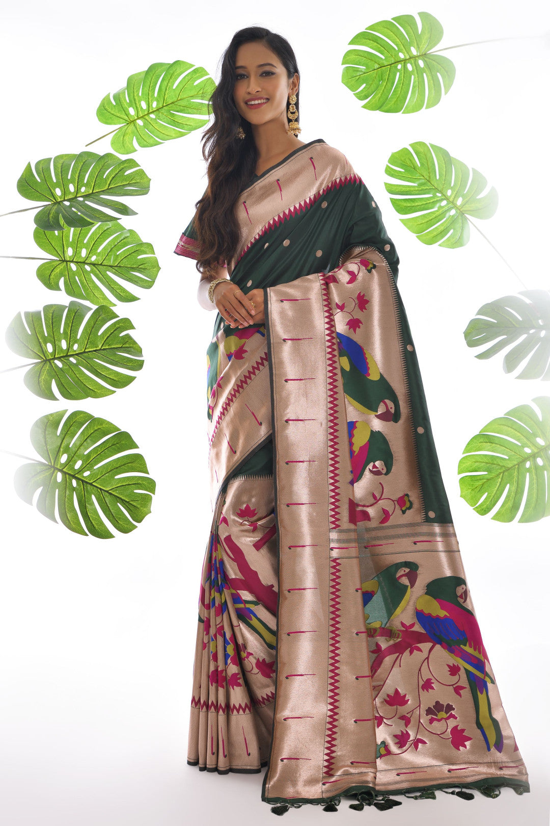 Dark green color paithani silk saree with zari weaving work