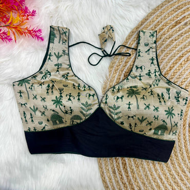 Green kalamkari print party wear readymade blouse