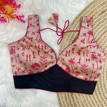 Pink kalamkari print party wear readymade blouse