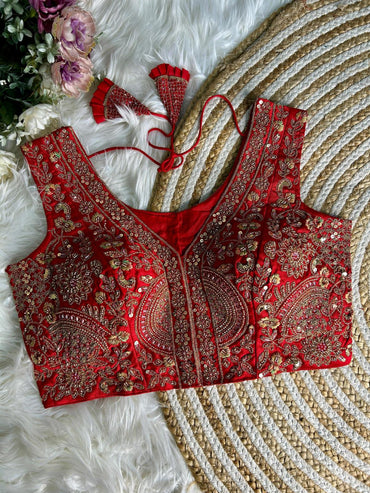 Red sequence with hand work readymade blouse