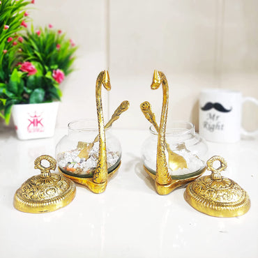 Luxury Swan Shaped Brass & Glass Spice/Sugar Jar Set