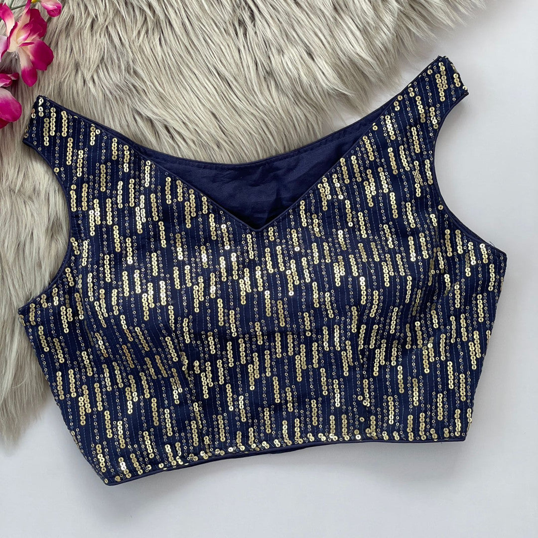 Navy blue soft georgette readymade blouse with sequence woek
