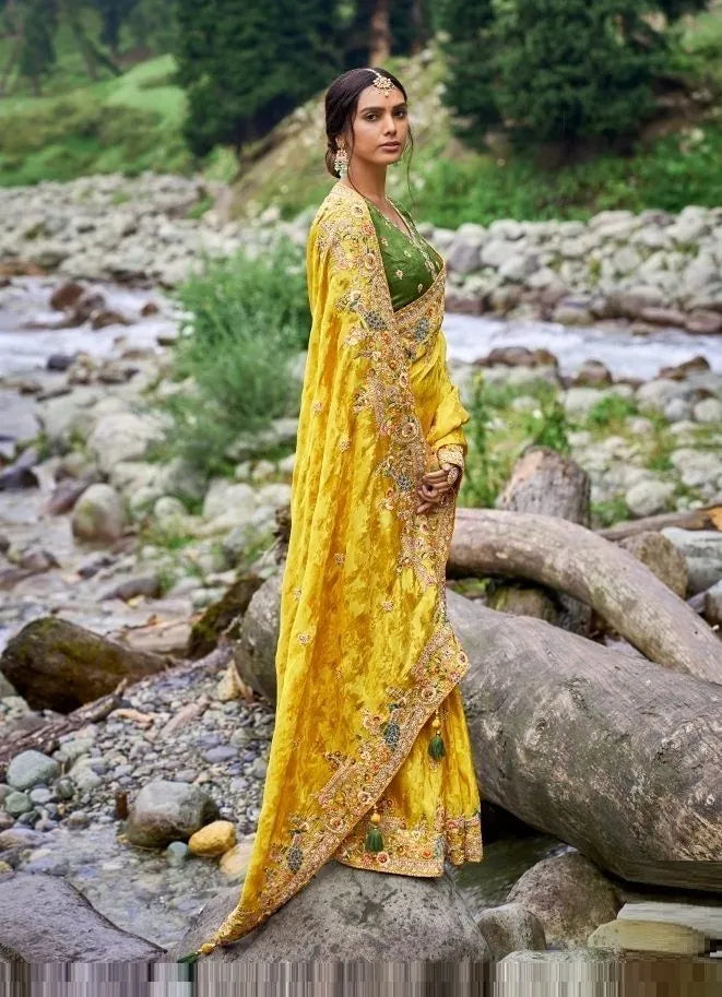 Yellow Silk Hand Embroidered Wedding-Wear Saree