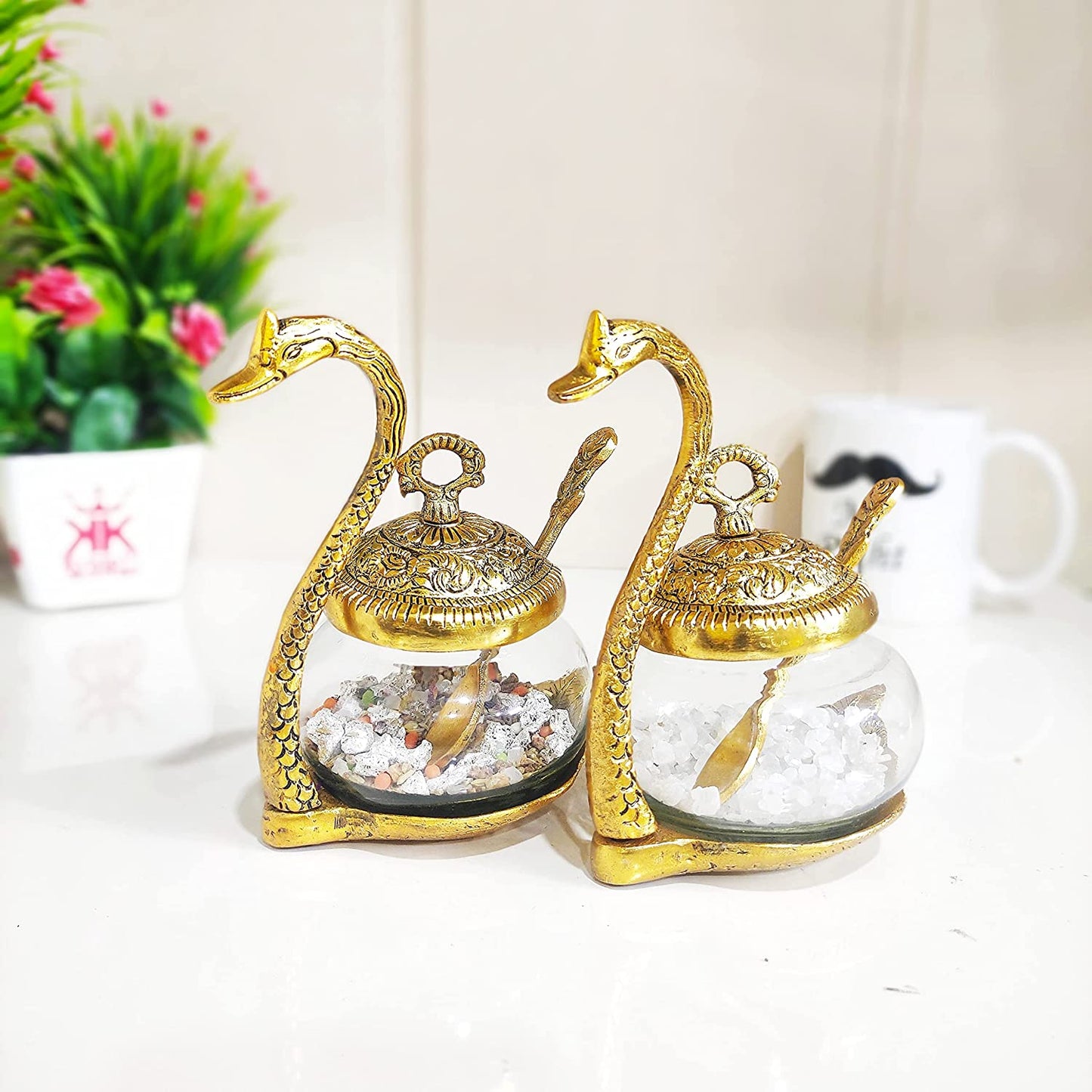 Luxury Swan Shaped Brass & Glass Spice/Sugar Jar Set