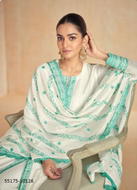 White & Aqua Silk Thread-Work Party-Wear Front-Slit Readymade Salwar Kameez