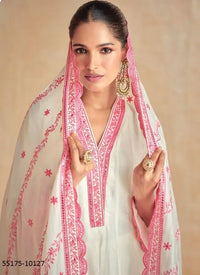 White & Pink Silk Thread-Work Party-Wear Front-Slit Readymade Salwar Kameez
