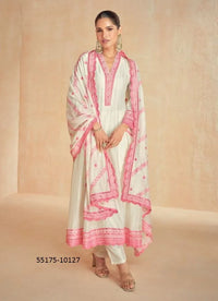 White & Pink Silk Thread-Work Party-Wear Front-Slit Readymade Salwar Kameez