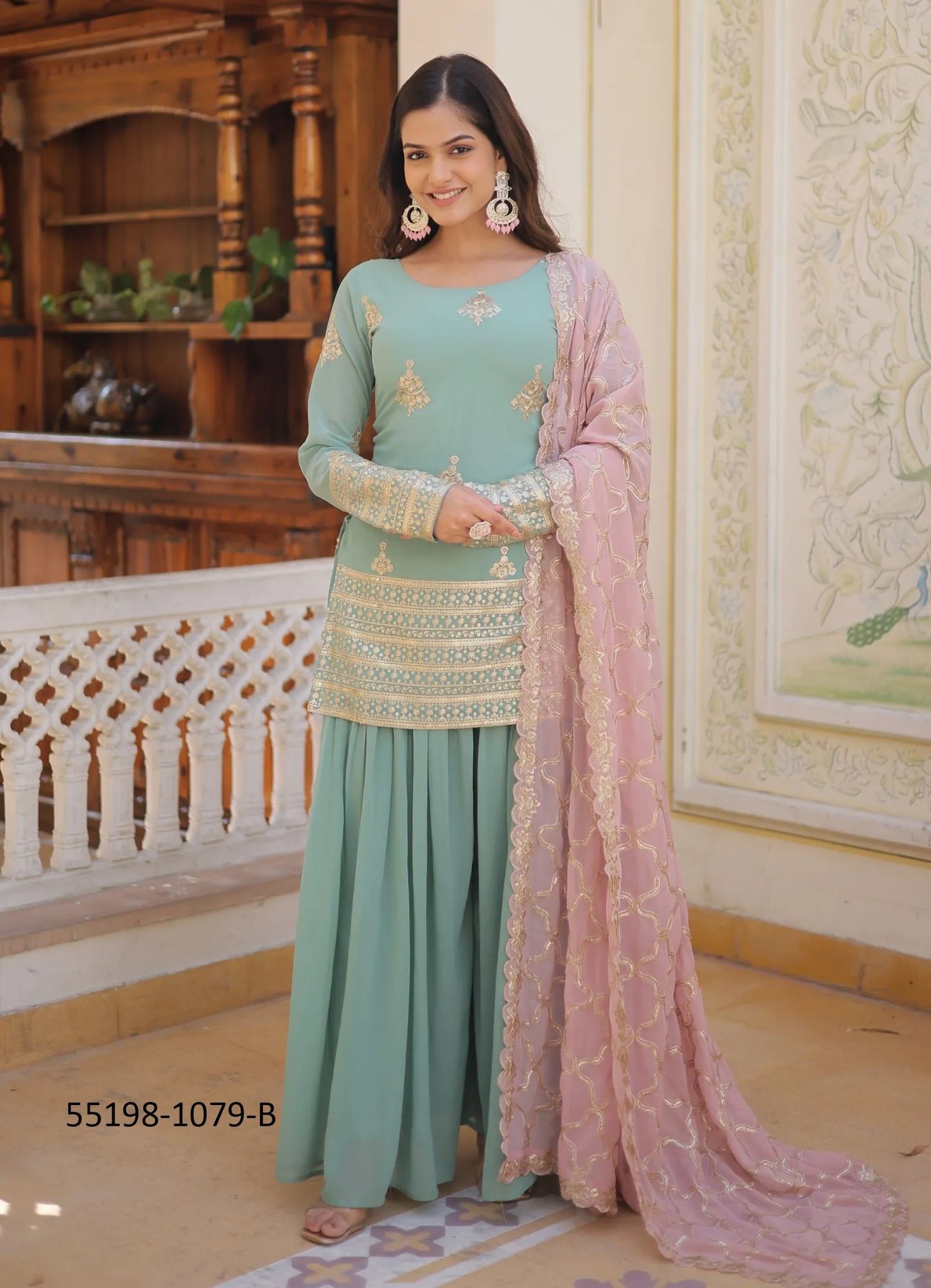 Light Teal Blue Faux Georgette Embroidered Party-Wear Palazzo-Bottom Readymade Salwar Kameez
