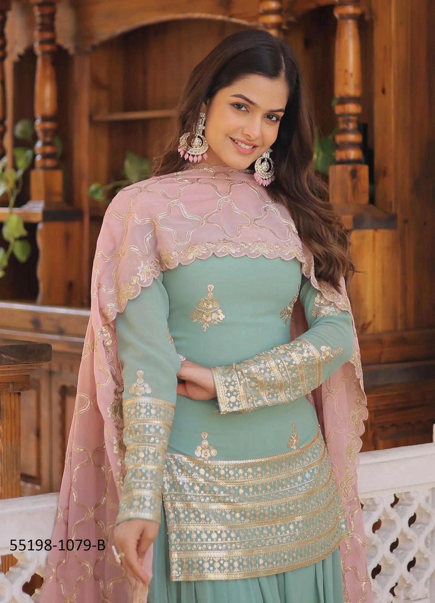 Light Teal Blue Faux Georgette Embroidered Party-Wear Palazzo-Bottom Readymade Salwar Kameez