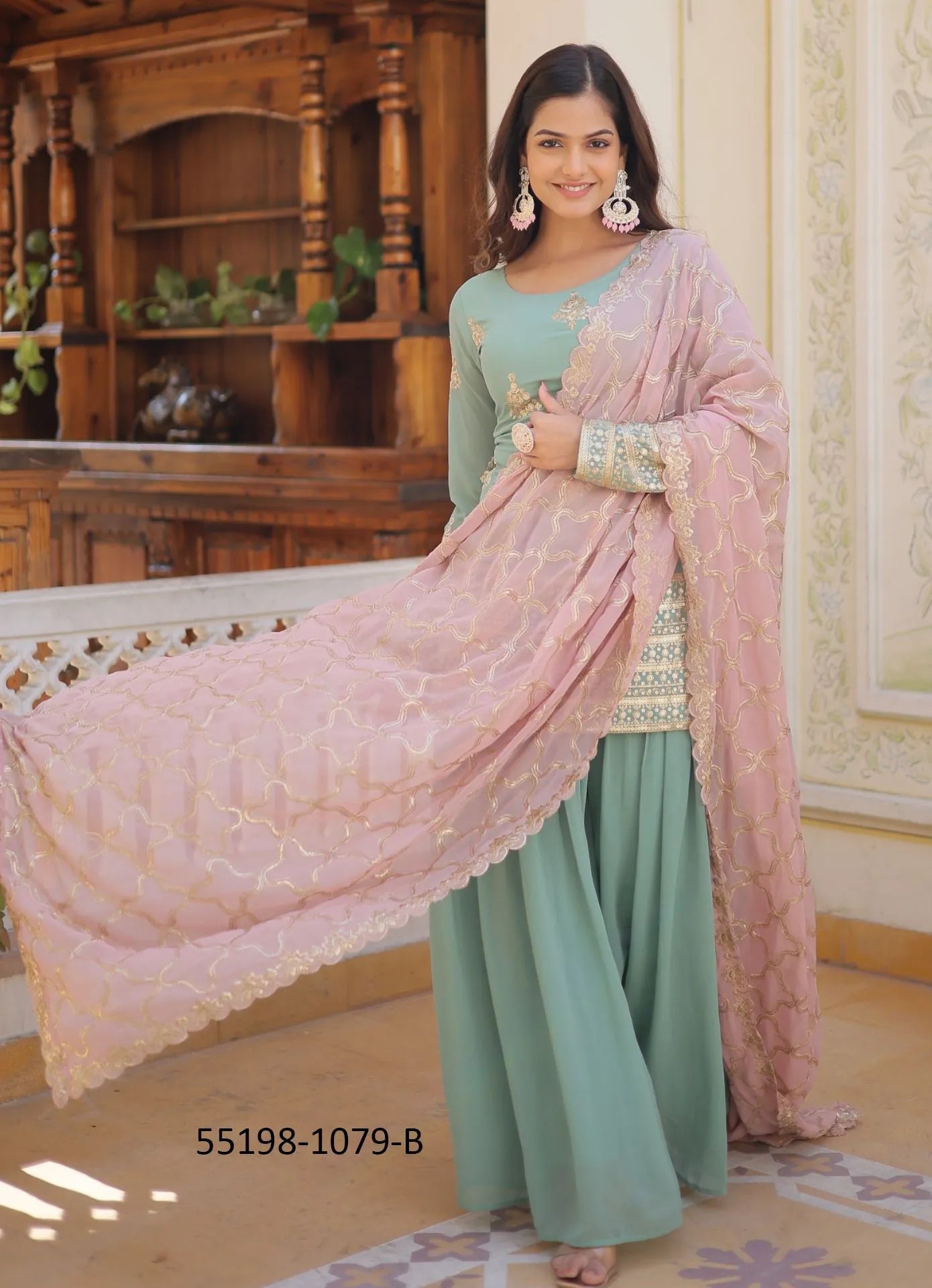 Light Teal Blue Faux Georgette Embroidered Party-Wear Palazzo-Bottom Readymade Salwar Kameez