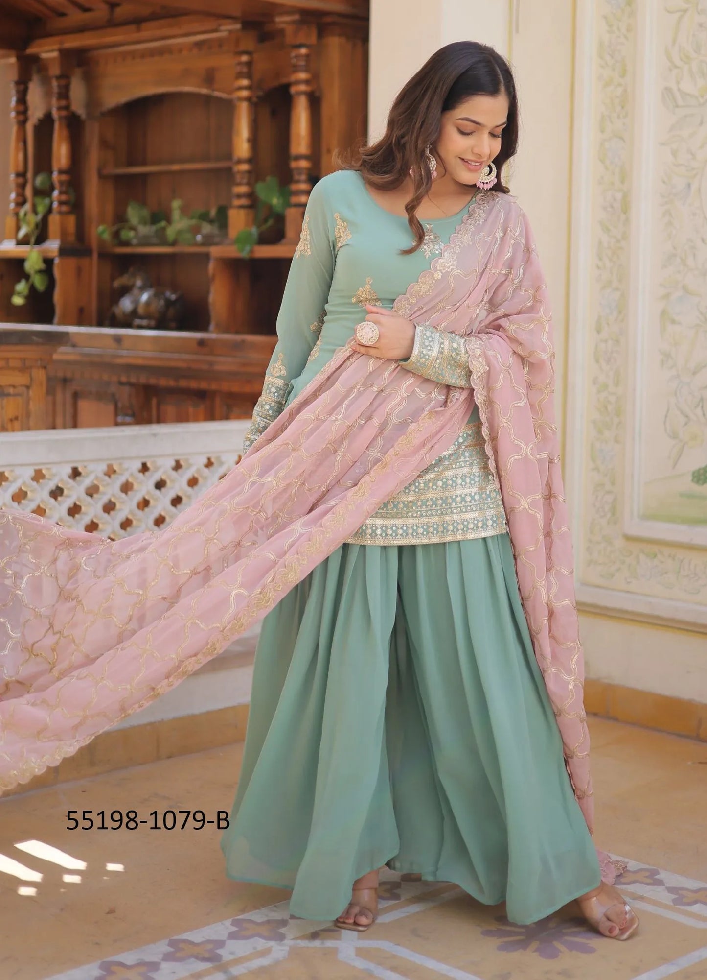 Light Teal Blue Faux Georgette Embroidered Party-Wear Palazzo-Bottom Readymade Salwar Kameez