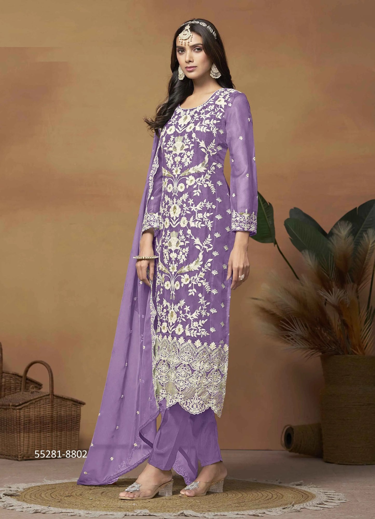 Lavender Organza Thread-Work Festive-Wear Organza-Dupatta Readymade Salwar Kameez