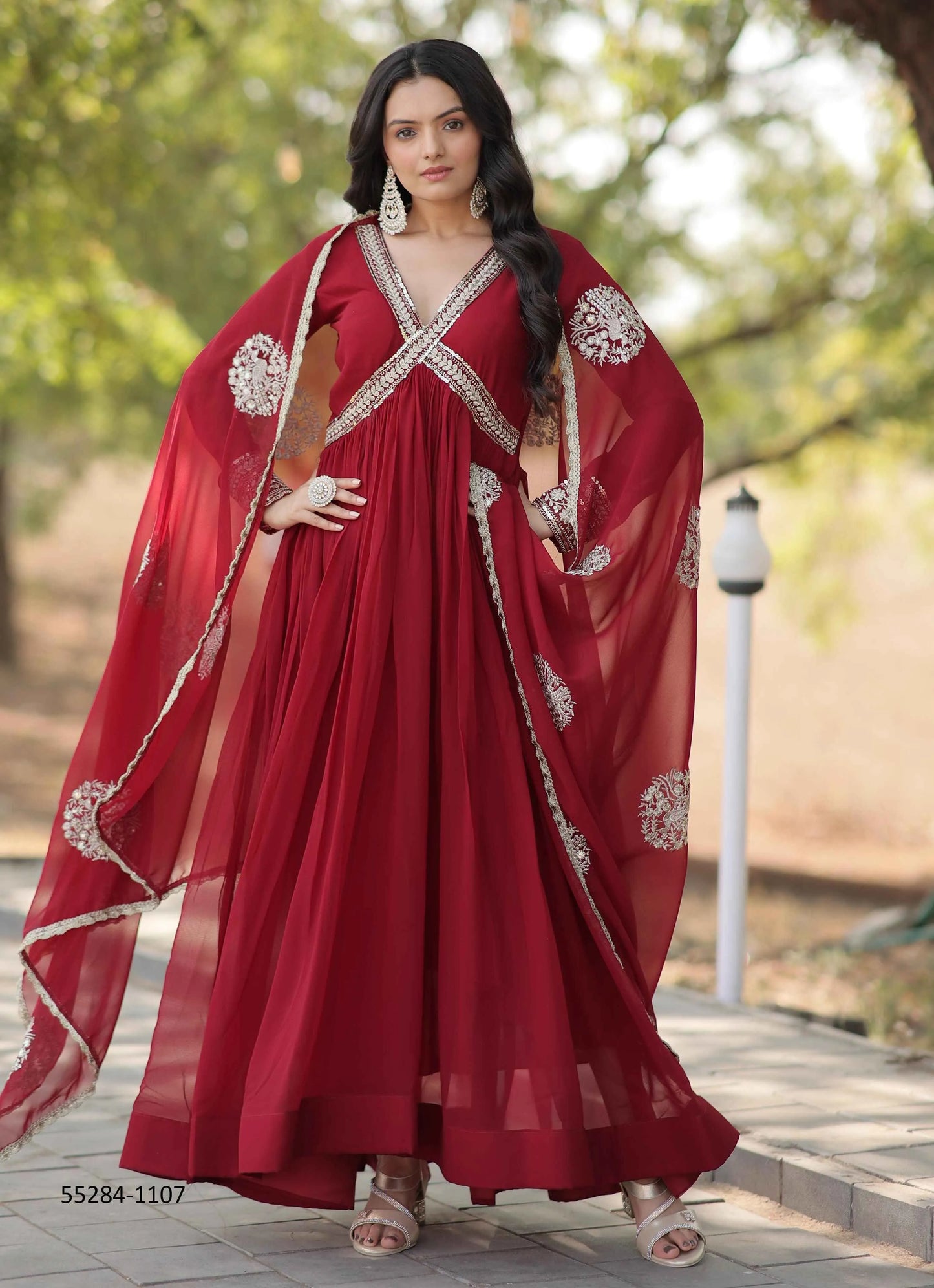 Crimson Red Blooming Georgette Thread-Work Party-Wear Readymade Anarkali Salwar Kameez