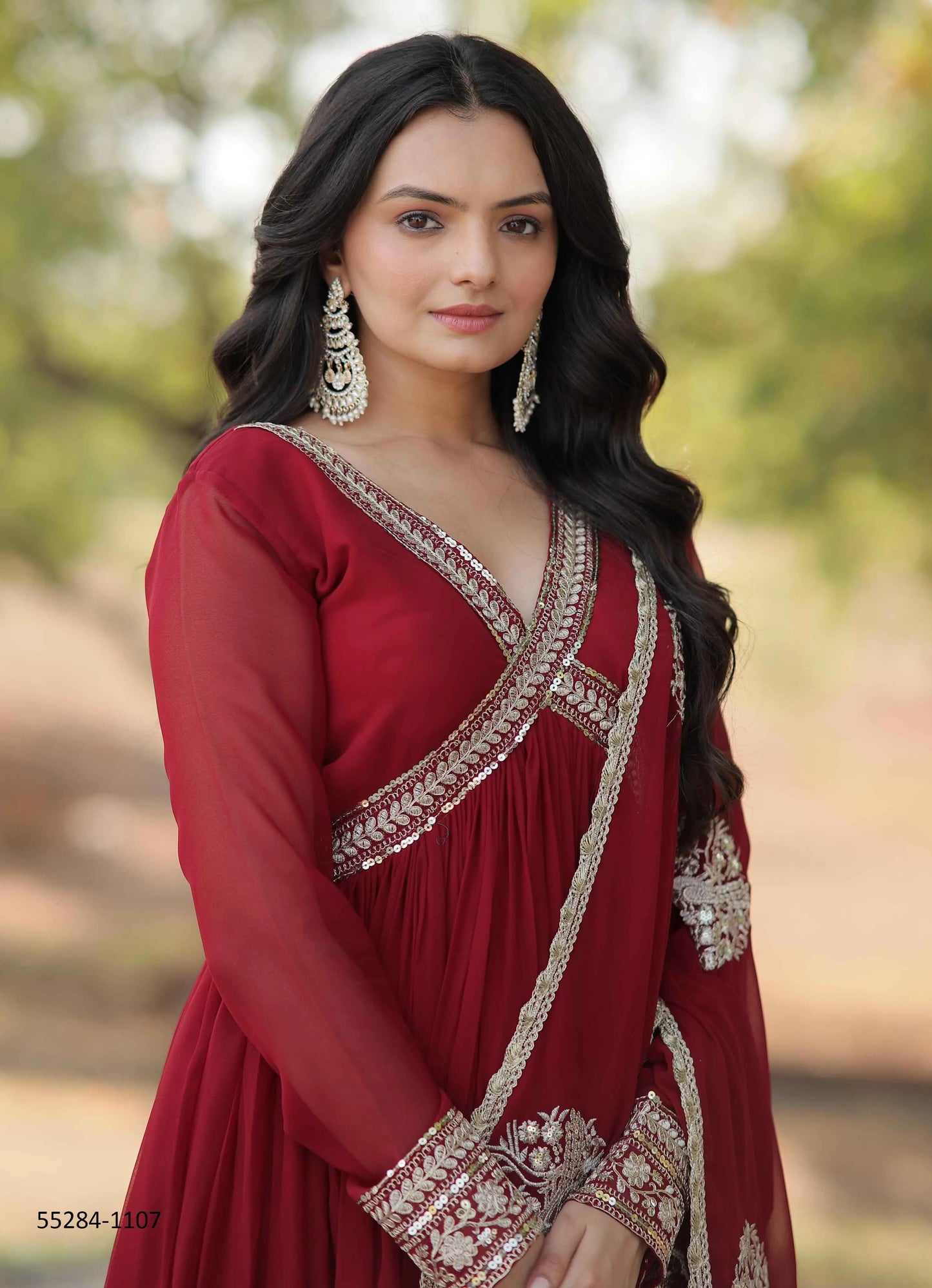 Crimson Red Blooming Georgette Thread-Work Party-Wear Readymade Anarkali Salwar Kameez