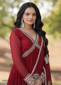 Crimson Red Blooming Georgette Thread-Work Party-Wear Readymade Anarkali Salwar Kameez