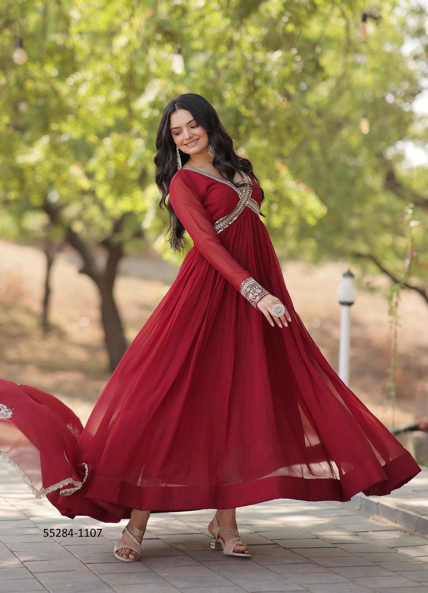 Crimson Red Blooming Georgette Thread-Work Party-Wear Readymade Anarkali Salwar Kameez