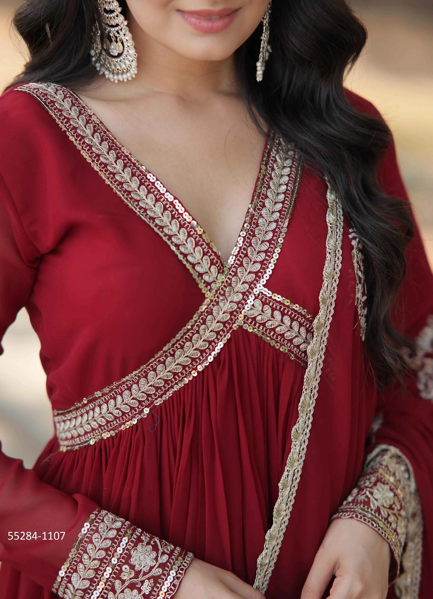 Crimson Red Blooming Georgette Thread-Work Party-Wear Readymade Anarkali Salwar Kameez