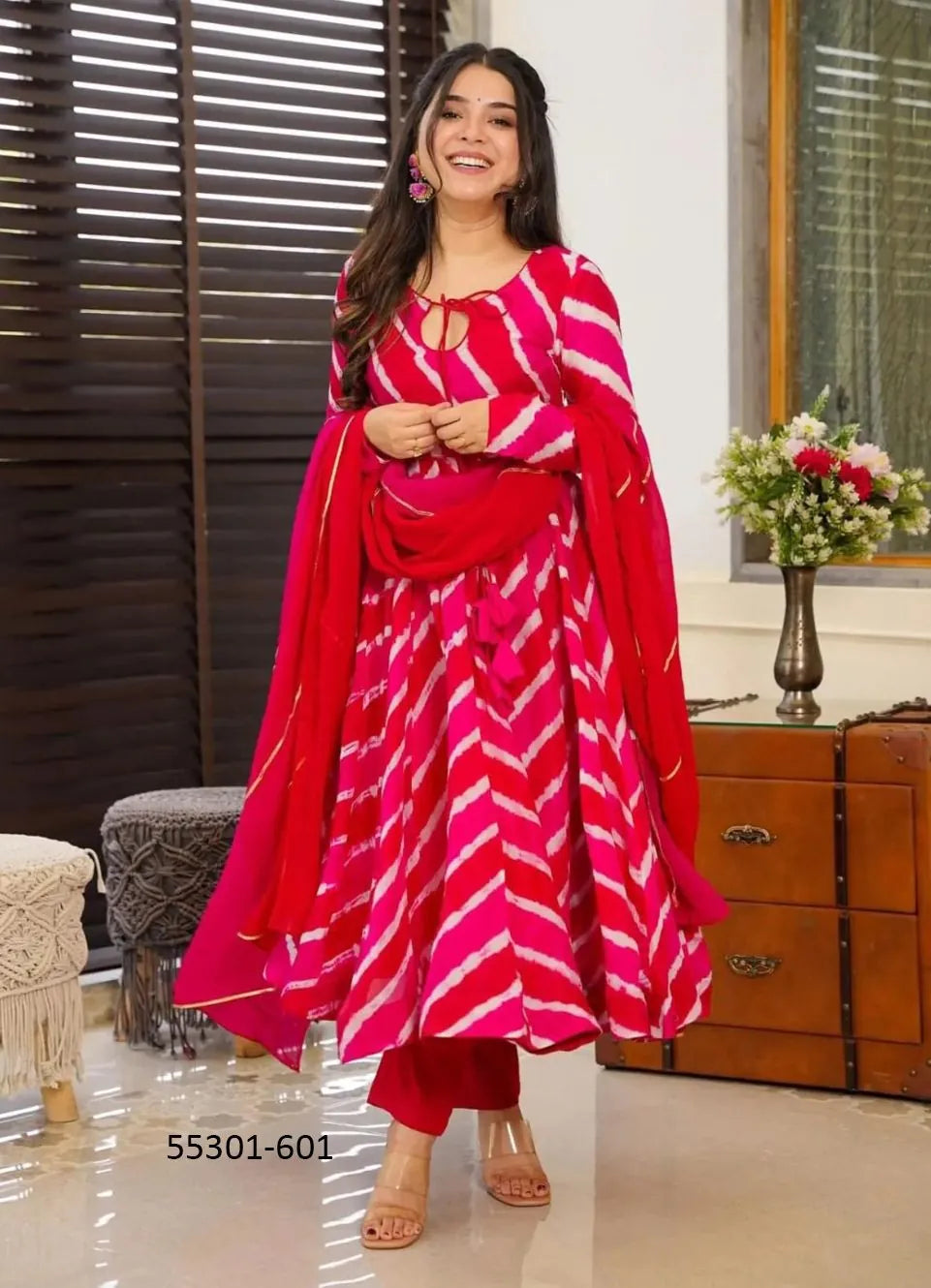Magenta & Red Silk Digitally Printed Party-Wear Anarkali Readymade Salwar Kameez