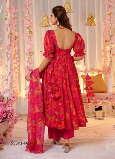 Wine Red Silk Digitally Printed Party-Wear Anarkali Readymade Salwar Kameez